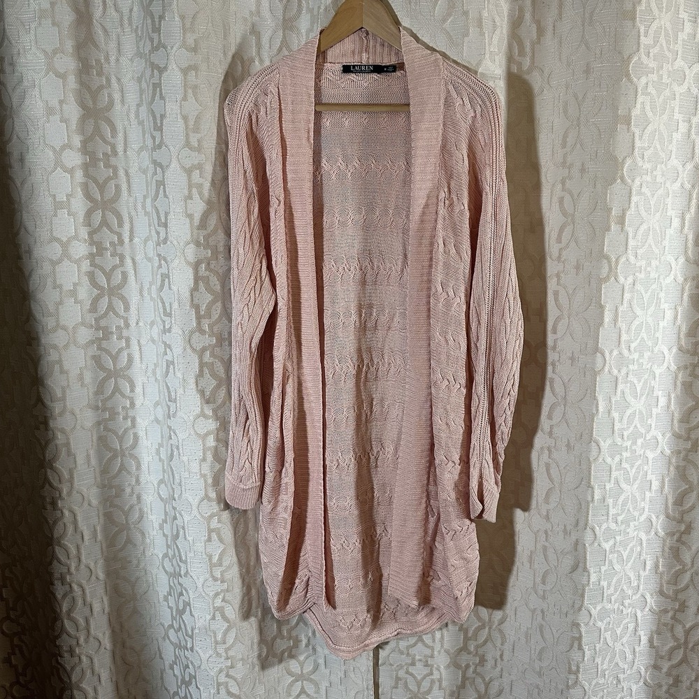 Lauren RALPH LAUREN Cable Knit Pink Cardigan Duster Sweater Size M